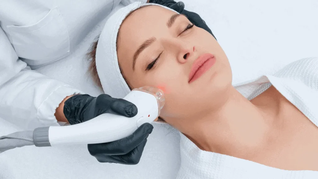 Depilación láser facial en mujer con gafas protectoras y equipo profesional certificado