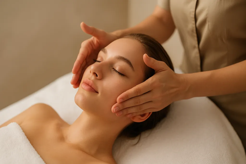 Masaje Kobido facial en mujer con técnica japonesa profesional de rejuvenecimiento