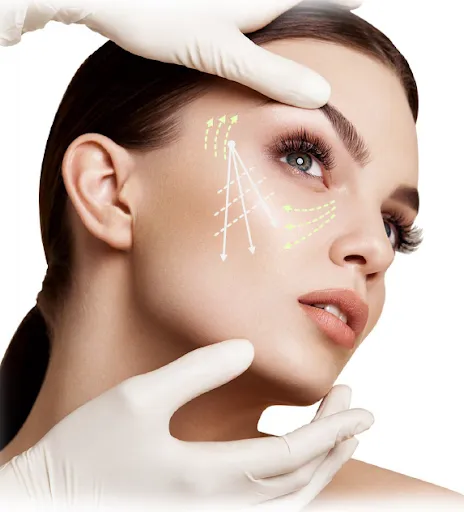 rostro femenino con manos tocando la piel mostrando resultado de tratamiento tensor facial para rejuvenecimiento y firmeza
