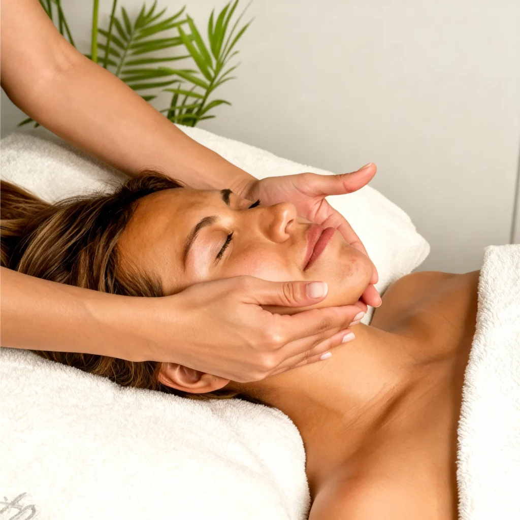 Masaje Kobido facial en mujer con técnica japonesa profesional de rejuvenecimiento