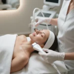 Tratamiento HIFU facial en mujer con equipo profesional de ultrasonido focalizado