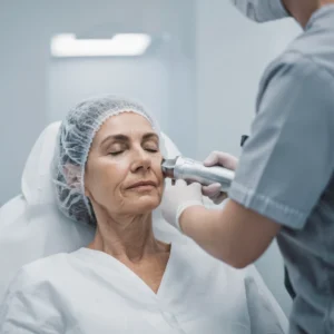 Tratamiento HIFU facial en mujer para lifting y rejuvenecimiento con ultrasonido