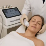 Tratamiento HIFU facial en mujer con equipo de ultrasonido focalizado profesional
