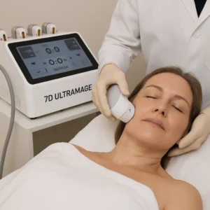 Tratamiento HIFU facial en mujer con equipo de ultrasonido focalizado profesional