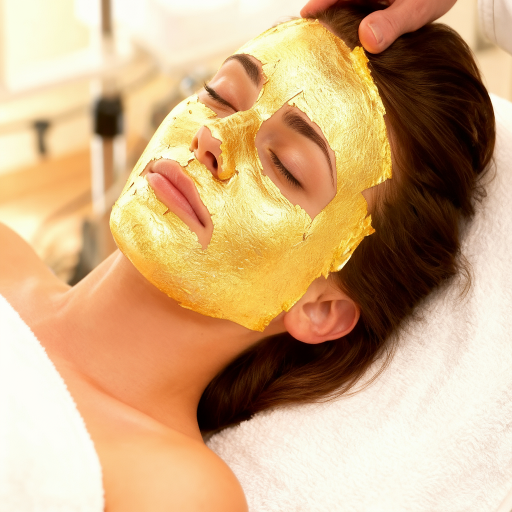 mujer relajada con mascarilla facial dorada de 24 kilates aplicada en rostro para tratamiento de lujo rejuvenecedor y revitalizante