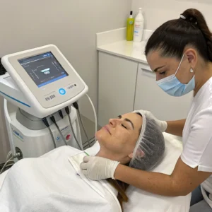 Antes y después de HIFU para flacidez en cuello con resultados de firmeza.