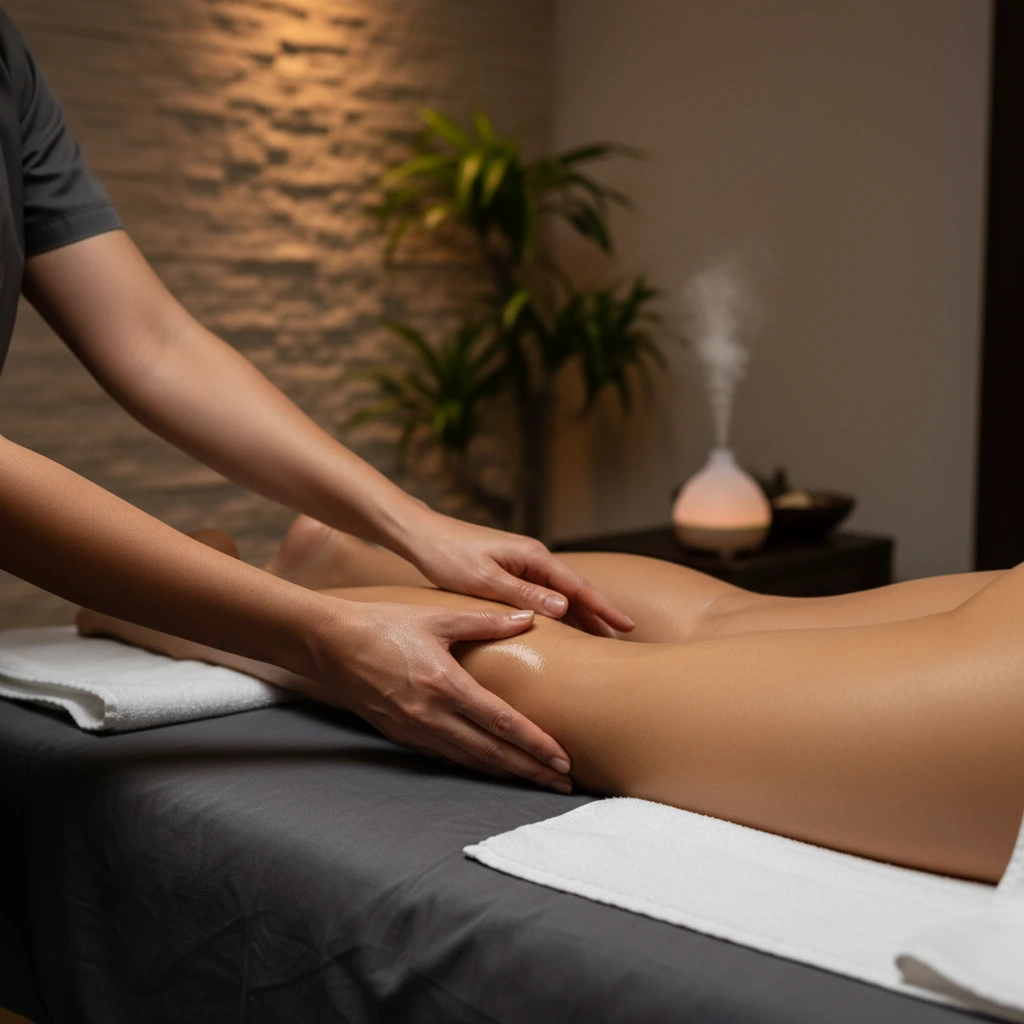 Esteticista realizando masaje circulatorio con técnica profesional.