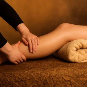 Masaje circulatorio en piernas para mejorar la circulación y aliviar la pesadez. Title: Masaje circulatorio en piernas