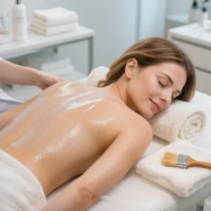 Exfoliación durante un peeling corporal para eliminar células muertas y suavizar la piel.