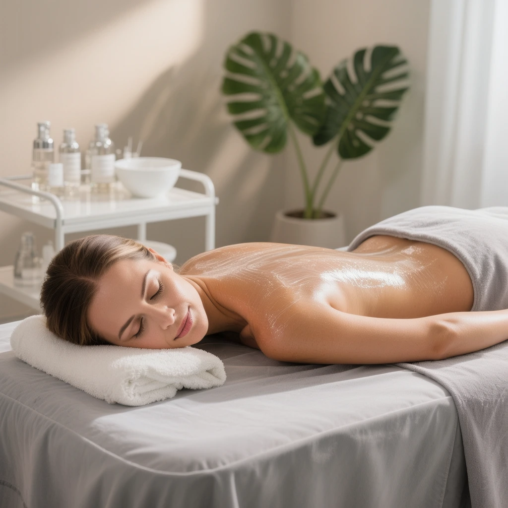 Productos profesionales utilizados en peeling corporal para renovar la piel.