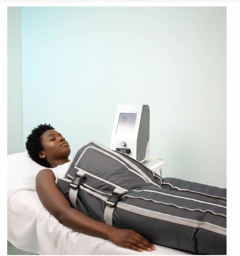 Antes y después de presoterapia mostrando reducción de retención de líquidos y mejora en la firmeza.