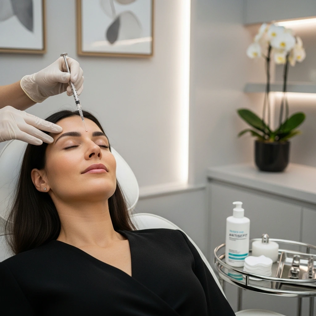 Aplicación de tratamiento de neuromoduladores en la frente para suavizar líneas de expresión.