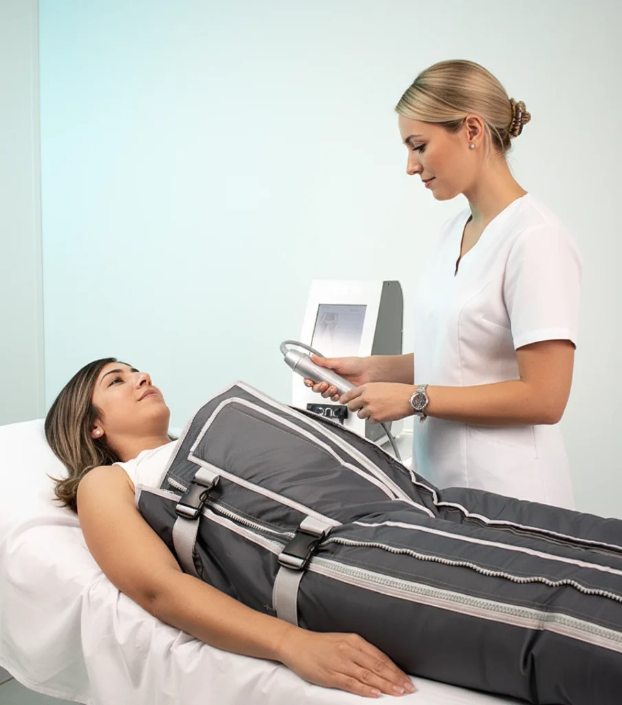 Aplicación de presoterapia en piernas para aliviar sensación de pesadez y mejorar circulación.