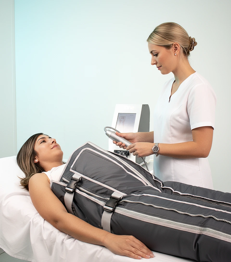 Aplicación de presoterapia en piernas para aliviar sensación de pesadez y mejorar circulación.